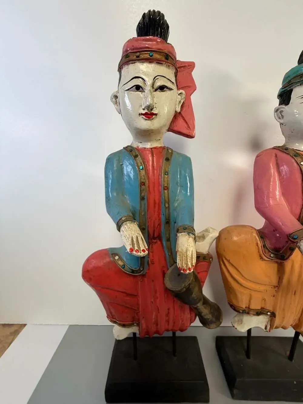 Set of Two Vintage Carved Wood Thai Musicians Sculptures on Stand